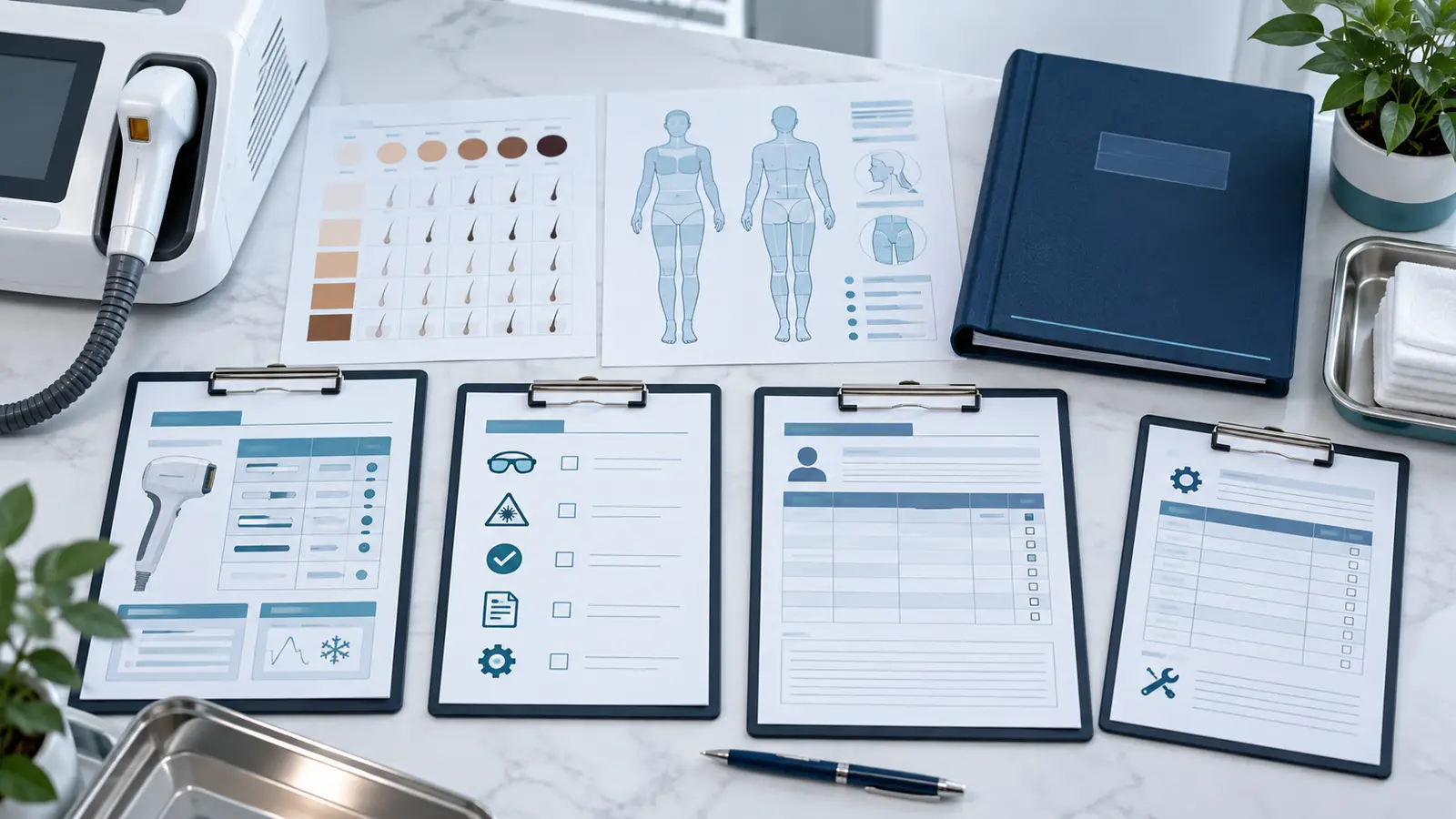 Organized laser hair removal assessment, treatment mapping, eye safety, settings, and maintenance documents