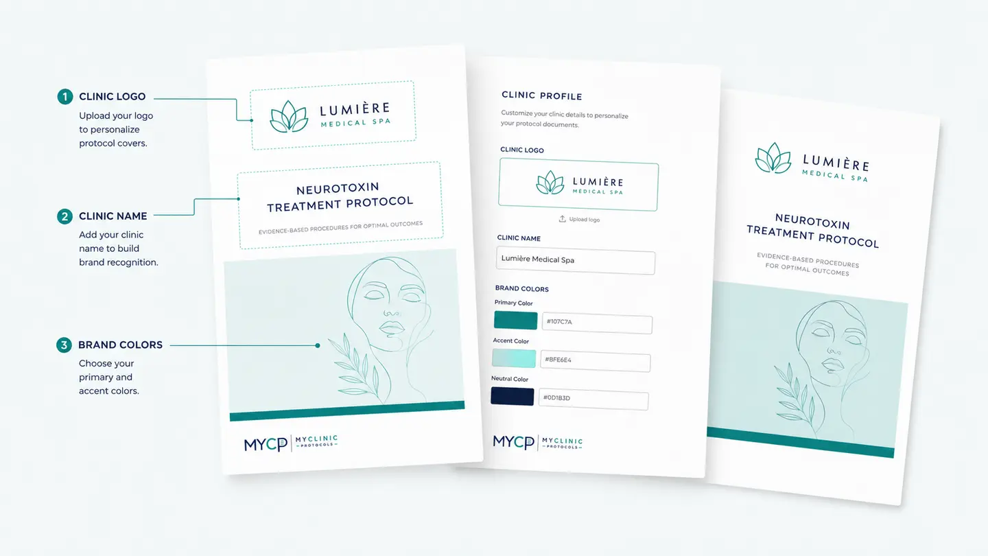 Clinic logo, clinic name, and brand color customization example
