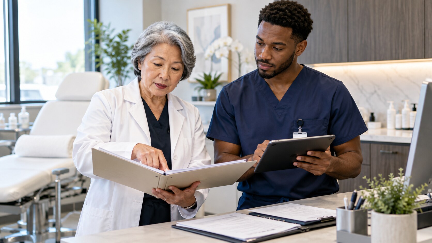 Physician and nurse reviewing authorization